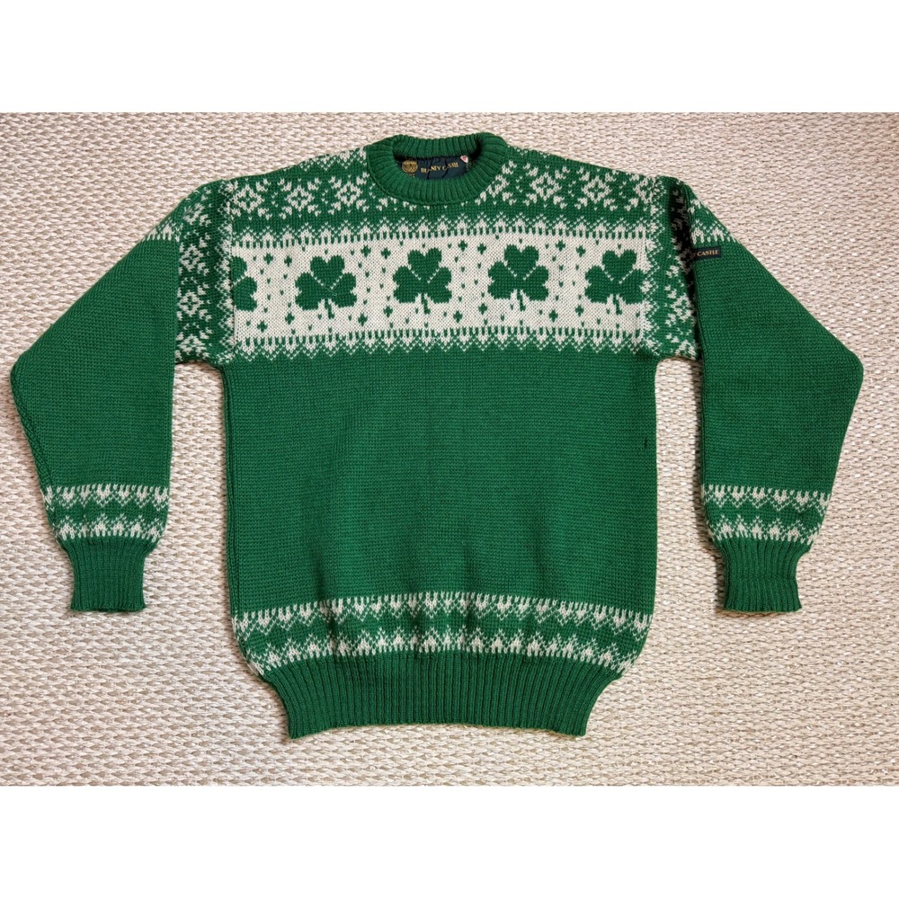Blaney Castle Irish Wool Sweater Mens Medium Green Shamrock Fair Isle Knit